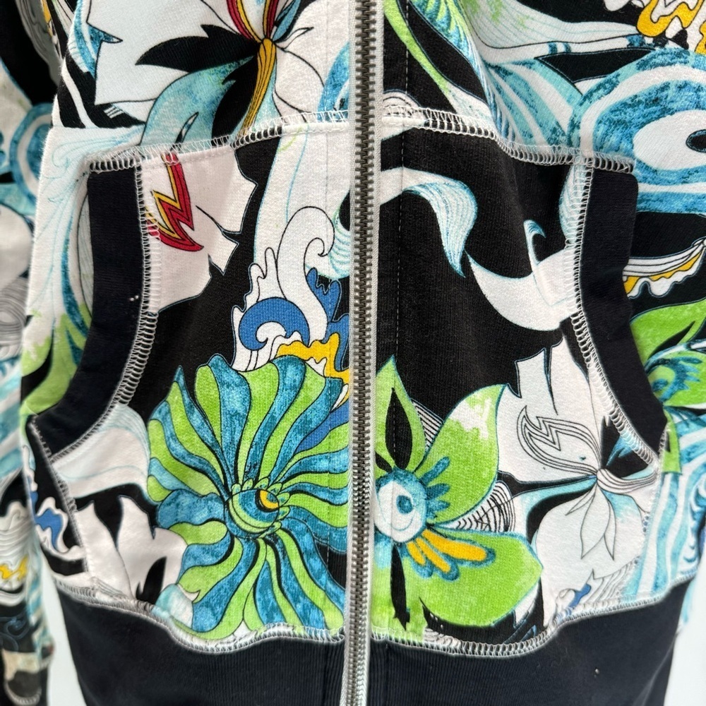 One World Special Issue Y2K 100% Cotton Bold Colorful Floral Print Zip Up Hoodie - Picture 4 of 11